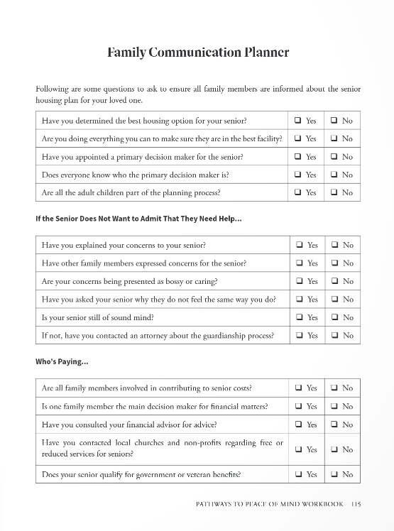 Family Communication Planner spread from the workbook